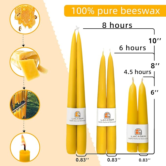 Pure Beeswax Taper Candles 12pcs, 10" Tall Candlesticks, Natural Bees Wax Candles for Home, Smokeless & Dripless Beeswax Candles, Subtle Honey Scent, 8 Hours Burn Time by Lacaser