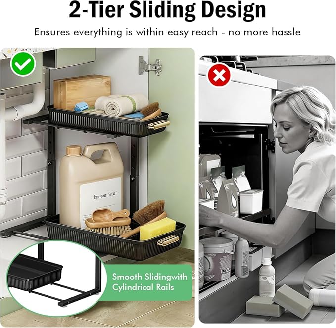 Under Sink Organizer - 2 Packs Multi-Purpose Pull-Out Storage Organizers, Slide out Pull out Cabinet Organizer Shelf, Storage for Kitchen Bathroom, Black