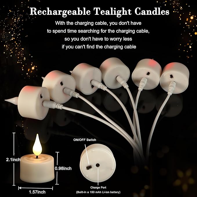 Daord Rechargeable Tea Lights with Remote Control & Timer Flickering Flameless 3D Wicks Tealight Candle Candles with Charging Cable for Home,Halloween,Christmas Decor (12pcs,Warm White(A))