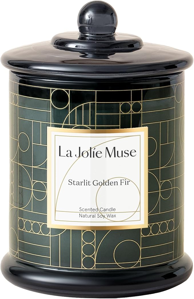 LA JOLIE MUSE Starlit Golden Fir Scented Candle, Pine, Cedarwood & Fir Balsam, 75-Hour Long Burn, Natural Soy Wax, Decorative Glass Jar Candle with Gift Box