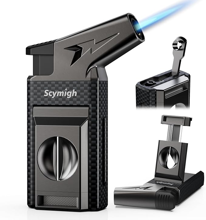 All-in-one Torch Lighter with Cutter, Built-in Punch, Refillable Windproof Jet Flame Butane Torch Lighters, Gifts for Men, Multifunctional Accessories Tool, Lighter for Candle, Travel (Without Fuel)