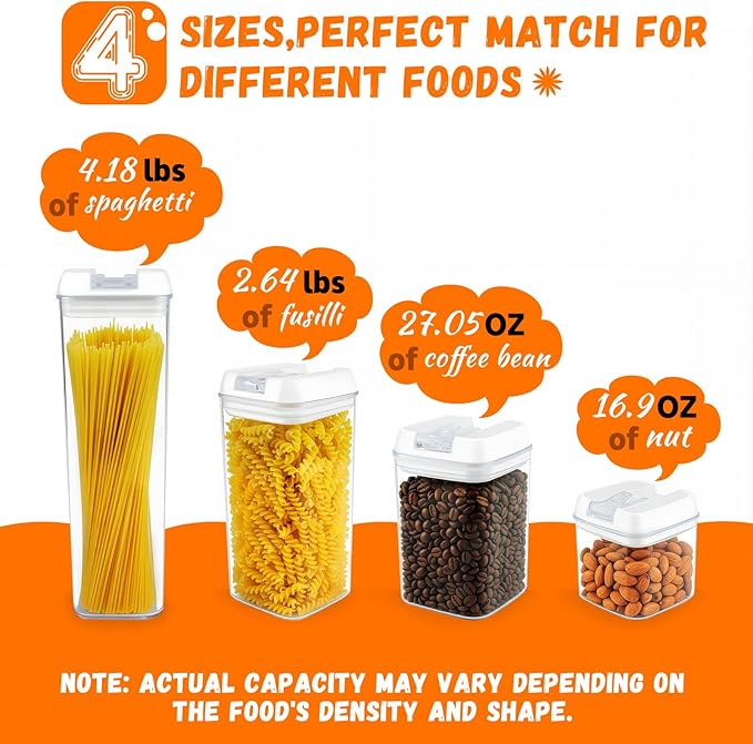 Airtight Food Storage Containers with Lids 7 pcs Plastic Kitchen and Pantry Organization Canisters for Cereal, BPA Free Kitchen Canisters for Spaghetti, Pasta (Airtight Food)