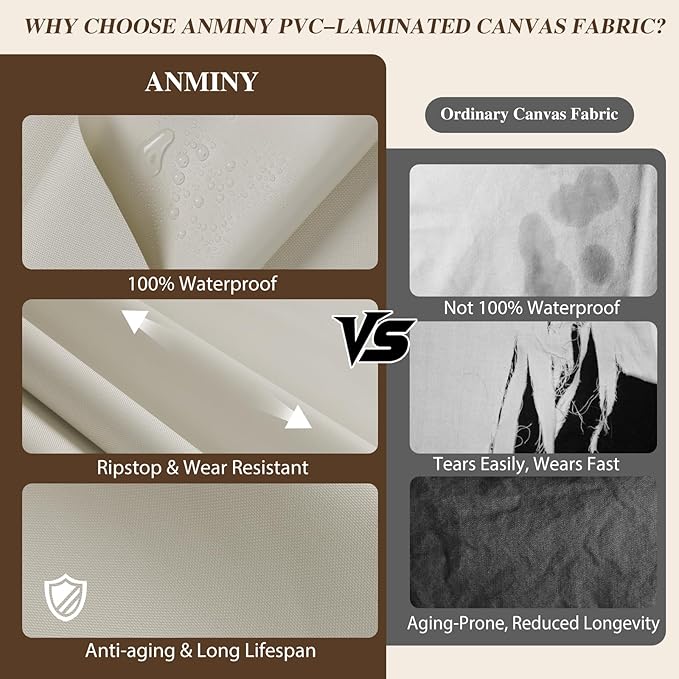 ANMINY 100% Waterproof Outdoor Fabric 5 Yards, 58" W 600D Marine Canvas Fabric with PVC Backing, Ripstop Upholstery Material by The Yard for Furniture Boat Covers Tent Awning, Beige