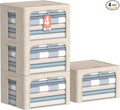 CYhom 4 Pack Clothes Storage Bins with Metal Frame - Linen Fabric Foldable Stackable Container Organizer Set with Clear Window & Carry Handles & Zippers (Beige, 15.7"x11.8"x7.8")