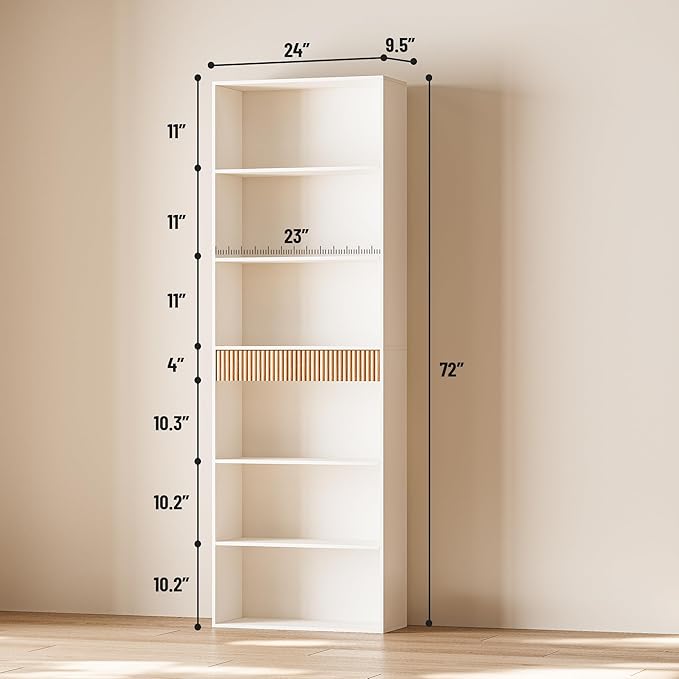 INNOD 72" Tall Bookshelf with Storage, 7-Tier Bookcase Fluted with Drawer, Display Book Shelf Book Organizer with Anti-tip Device, Home Decor Wood Furniture for Bedroom, Living Room and Office, White