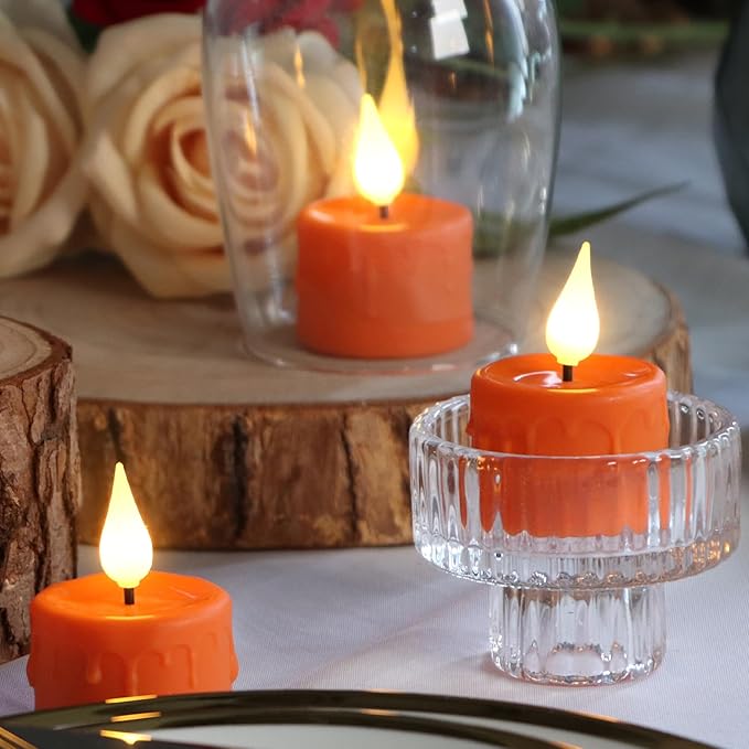 6 Pack Orange LED Tea Lights Rechargeable with Remote Control and Timer, Flickering Warm White Light, Flameless Candles with Charging Station and USB Cable