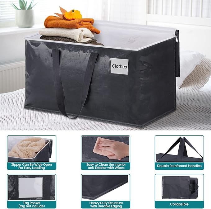 Fabspace Moving Bags Heavy Duty with Strong Zippers and Handles Collapsible Moving Supplies, Storage Totes for Packing & Moving Storing 125L 6Pack