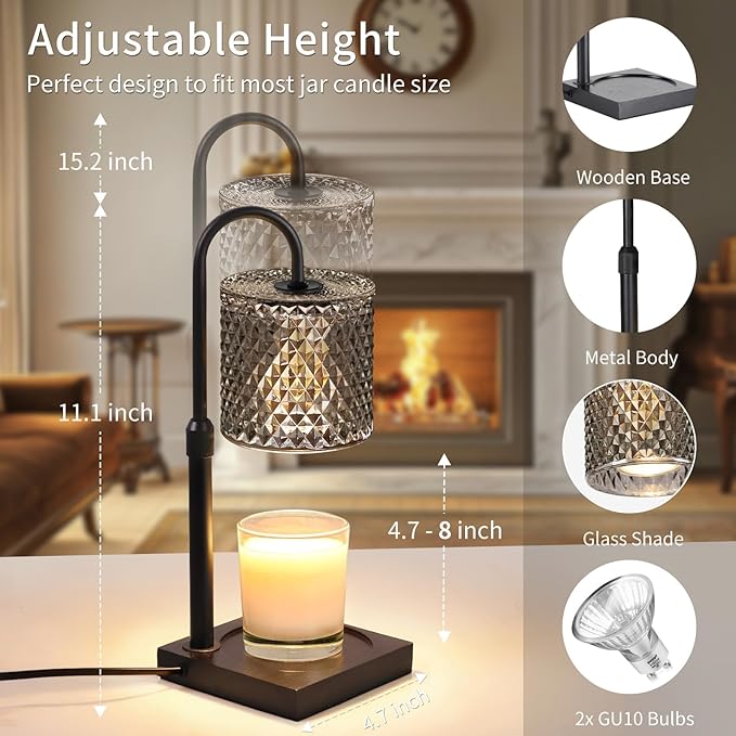 Candle Warmer Lamp with Timer Dimmer Adjustable Height, Candle Warmer with 2 Bulbs for Jar Candles, Home Decor, for Women Birthday 2 Pack