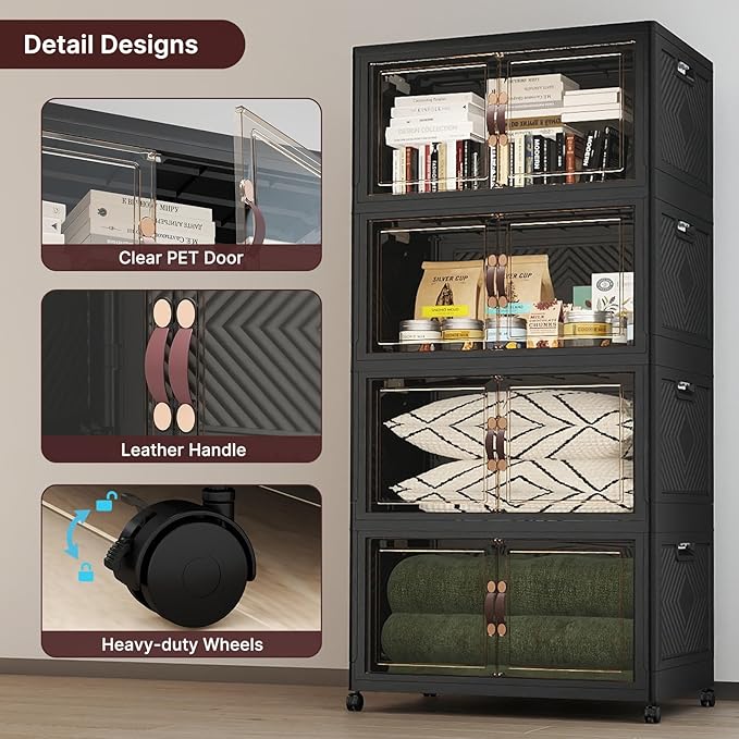 UAMFURI Stackable Storage Bins with Lids, 720QT Lockable Storage Cabinet, Foldable Storage Box with Doors and Wheels, Plastic Drawers for Home, Garage, Office (4, Black, Extra Large)
