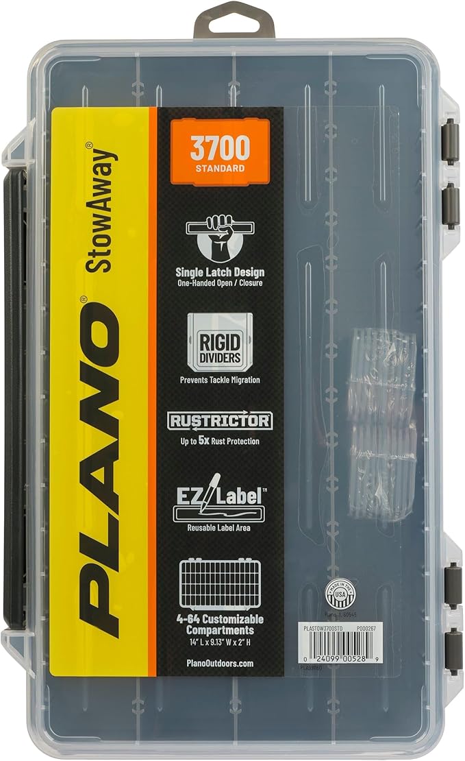Plano StowAway 3700 Stow Tackle Box, with Corrosion-Preventive Rustricor, Single Latch Design, Transparent DuraView Lid, Stackable Storage for Fishing Bait, Lures and Gear