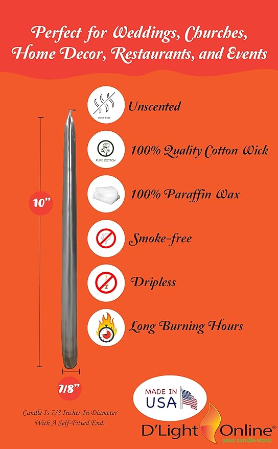 D'light Online Elegant 12" Unscented Metallic Silver Taper Candles, Premium Quality Hand-Dipped Tapered Candles, Dripless and Smokeless - Set of 12 (12 Inch, Metallic Silver)