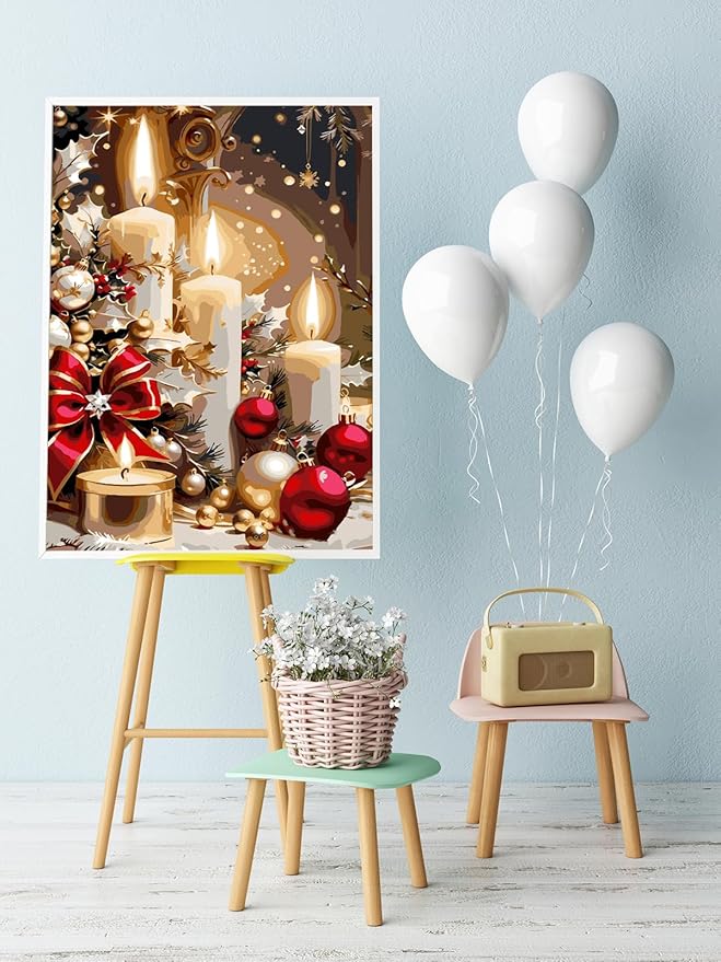 AREOPNMG Christmas Candles Paint by Numbers Kit for Adults Beginner DIY Winter Painting by Numbers Kits,with 3 Brushes and Acrylic Paint(Without Frame), Home Wall Decor 12 x 16 in