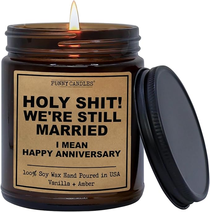 Funny Anniversary Candle Gift for Her, Him - We're Still Married -Funny Anniversary Present for Husband, Wife, Couple - Vanilla Sandalwood Scented Soy Candle in 9 oz. Amber Jar, Gift Box Included