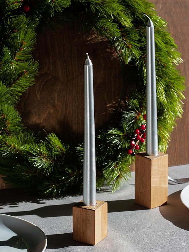 CANDWAX 10 inch Silver Taper Candles Set of 4 - Christmas Candles Taper Dripless - Tall Long Burning Fragrance-Free Silver Candlesticks