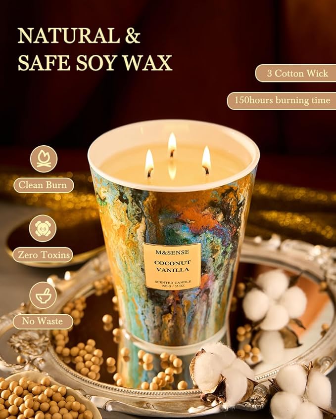 M&SENSE Large 3-Wick Coconut Vanilla Scented Soy Candle, 35oz 150 Hours Non-Toxic, Spring Candles Party Essential Spa Home Fragrance & Decor
