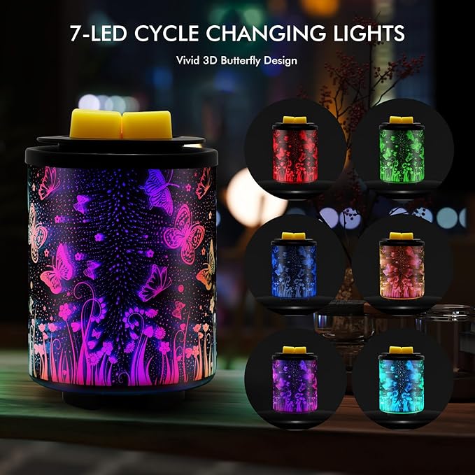 Electric Wax Melt Warmer with Timer (2/4/8H), 7-Color Changing LED Night Light, Removable Silicone Dish, PTC Safe Heating - 3D Glass Design for Home, Office Décor, Gifts for Mom