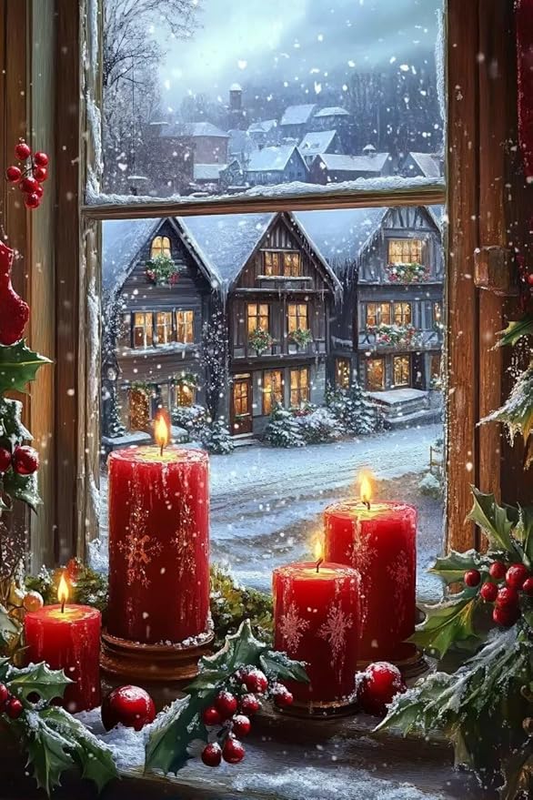 TMOLZ Holly & Berry Window Scene Diamond Set - 5D Romantic Wall Art for Couples, Festive Home Decor Craft Kit - 20x20 Inch