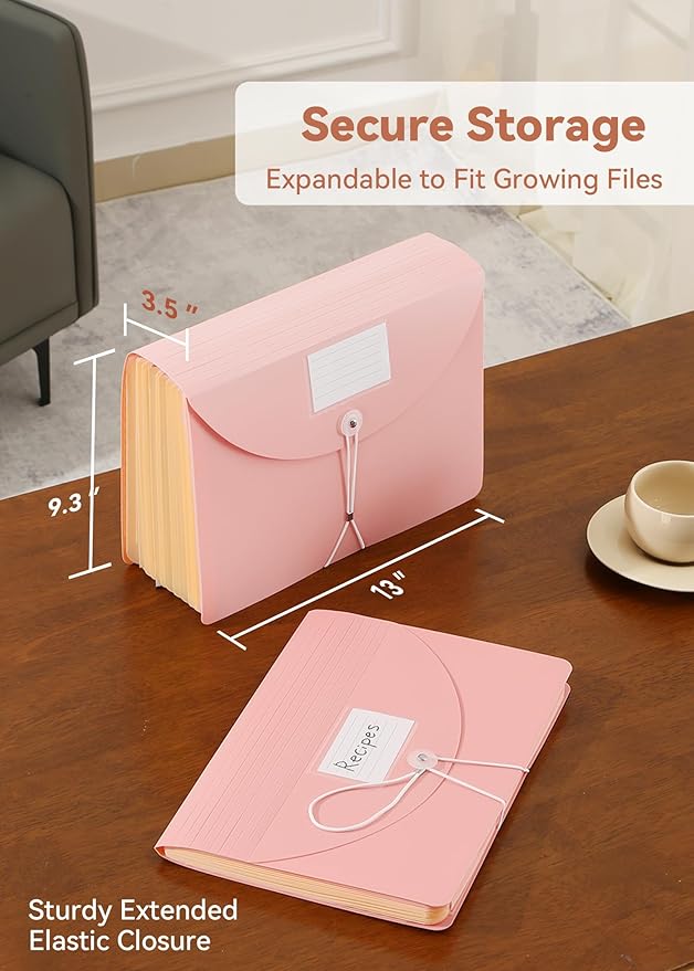SortRax Accordion File Organizer 12 Pockets, Monthly Bill Receipt Tax Organizer, Expanding File Folders with Larger Bright Tabs, Fits Letter/A4 Size - Pink