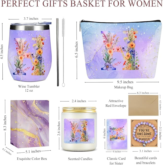 Personalized Gifts Monogrammed Birthday Gifts for Women, Bridesmaid Bachelorette Party Christmas Initial Wine Tumbler Makeup Bag Scented Candle Bracelet Set, (Aesthetic Purple Flower H)