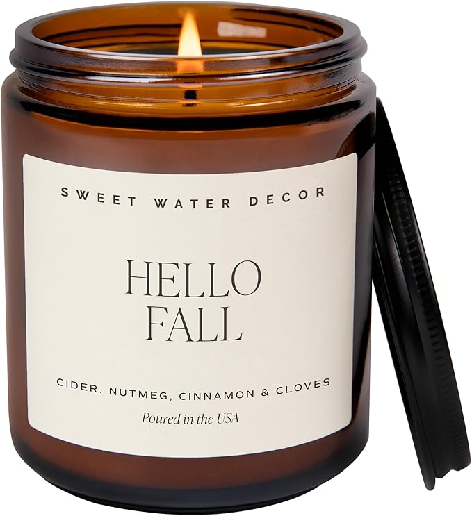 Sweet Water Decor Hello Fall Soy Candles - Fall Candle with Hot Cider, Cinnamon, Cloves, and Nutmeg Scent for Home - Soy Candle with 40 Hours Burn Time - 9Oz Black Lid Amber Jar Candles Fall Scents