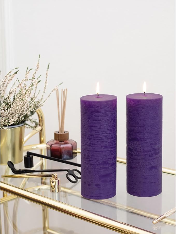 CANDWAX Purple Pillar Candles 3x8 Inch – Set of 2 Unscented Dripless Large Candles, Rustic Finish for Weddings, Events, Interior Styling