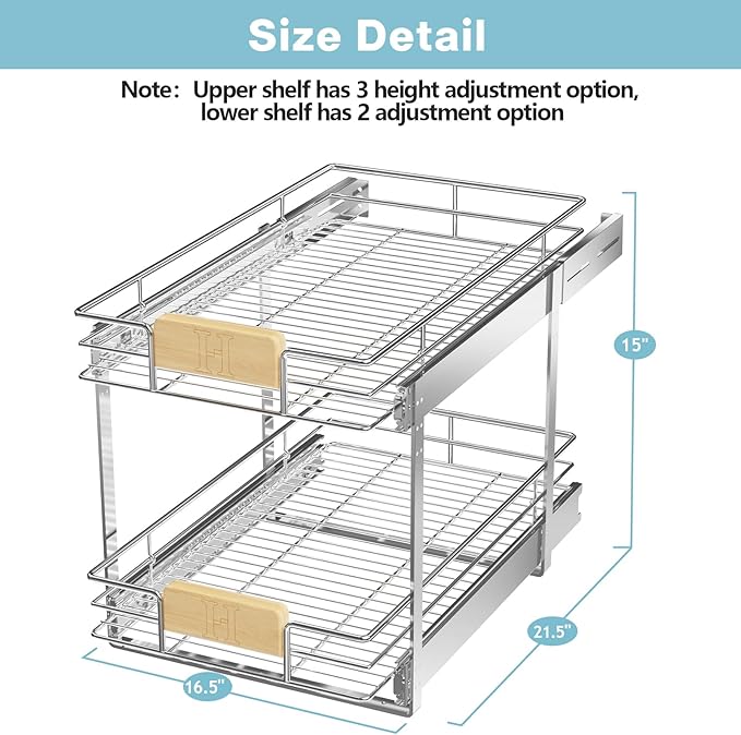 LOVMOR 2 Tier Pull Out Cabinet Organizer 13½" W x 21½" D, Slide Out Drawers with Wooden Handle, Sliding Shelves Organization and Storage for Kitchen, Pantry