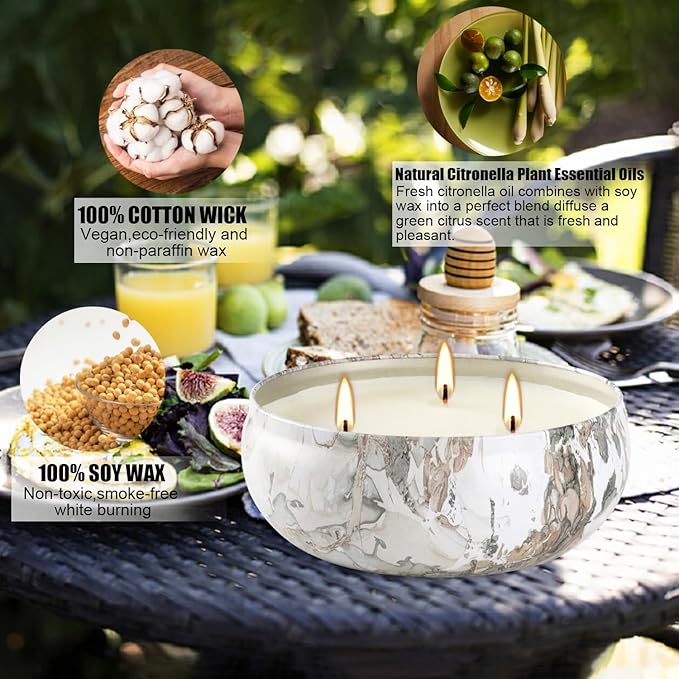 Citronella Candles Outdoor, 3 Pack 12oz Large Candle 3-Wick Natural Soy Wax Summer Scented Natural Set Soy Wax with 240 Hour Burn Time Outdoor Indoor Candles for Garden Yard Camping