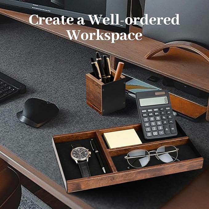 Wooden Desk Tray with Integrated Pen Holder, Luxury Office Organizer for Executive Desk, Minimalist Wood & Metal Stationery Storage Set, Premium Gift for Men & Home Office Decor