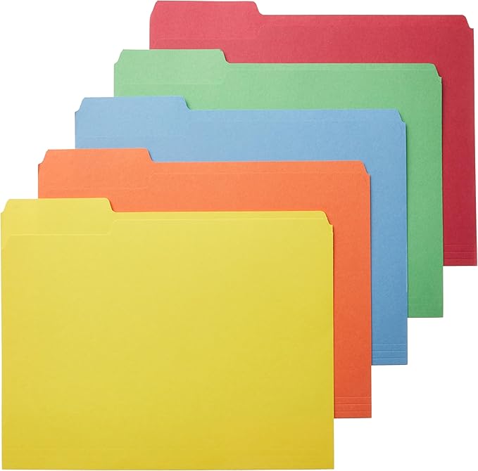 Amazon Basics Sturdy File Folders with Tabs for Filing and Organization, AMZ401, Letter Size, Assorted Colors, 100-Pack