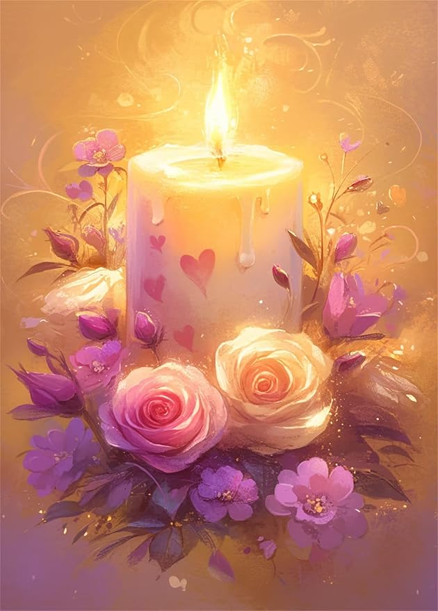 Tooyeer 5D Pink Roses Diamond Art Kits,Candle Diamond Painting Kits for Adults Beginners,DIY Full Round Rhinestone Diamond Paintings Pictures for Home Decoration 8x12inch