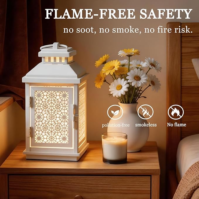 White Candle Warmer Lamp with Timer – Stepless Dimming, Auto Shut-Off 2H/4H/8H, Top-Down Heating for Large Jar Candles, Flameless Enclosed Lantern Style, Farmhouse Decor, Housewarming Gift (2 Bulbs)