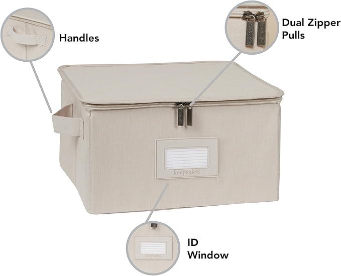 Covermates Dish Storage Box – China & Dinner Plate Storage Container with Dual Zippers, Reinforced Handles, ID Window & Stackable Structured Walls for Dishware Organization, Beige Heather