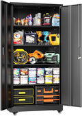 Greenvelly 73" Metal Storage Cabinet with Wheels, Lockable Rolling Metal Garage Cabinets with 2 Doors and 4 Adjustable Shelves, Rolling Tool Cabinet for Garage, Home Office, School