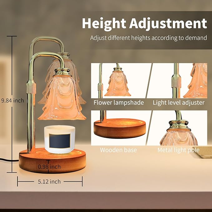 Candle Warmer Lamp with Timer & Dimmer, Adjustable Height Flower Candle Warmer for Jar Candles, Flameless Wax Melter with 2 Bulbs, Home Decor, Christmas, Birthday, Valentine's Gift for Women (A2-Gold)