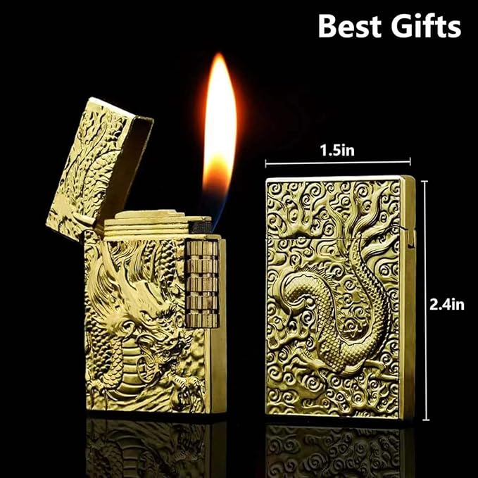 Dragon Butane Lighter, Refillable Lighter Soft Flame, Flip-Top Metal Gold Side Wheel Frosted Pocket Lighter for Everyday Use, Camping, Gifts for Men, Father, Husband (No Fuel)