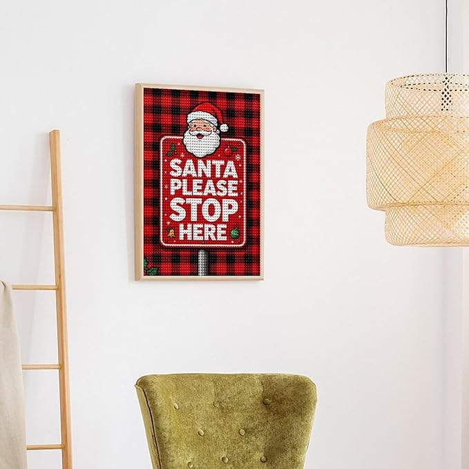 AIVKIEJK Diamond Painting Kits for Adults - Holly & Stars, Santa Please Stop Here Painting DIY 5D Full Drill Diamond Dots Paintings with Diamonds Gem Art and Crafts Home Decor 12"x16"