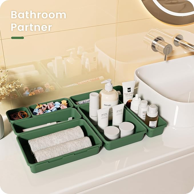 【𝟮𝟴𝗣𝗖𝗦】 【𝟱𝗦𝗶𝘇𝗲】 ArmyGreen Drawer Organizer, Makeup organizer, 【Holds 177 Items】 Bathroom Organizers and Storage, Plastic Desk Organizer Divider, Organizer Bins for Office Vanity A-LUGEI