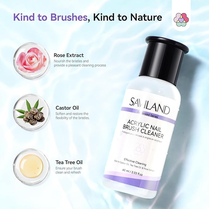 SAVILAND Advanced Acrylic Brush Cleaner: 3-Minute Deep Clean & Conditioning Liquid with Dappen Dish, Plant-Based Acrylic Nail Brush Cleaner and Preserver for Manicure Tools Home DIY & Salon Use, 60ml