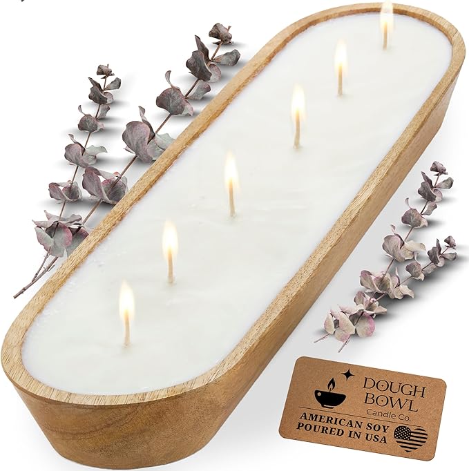 Dough Bowl Candle Co. Eucalyptus Soy Candle - 6 Wick Rustic Farmhouse Decor Odor Eliminator in Wooden Bowls, 32 Oz Wooden Dough Bowl Candle, All-Natural Gifts for Women and Men, Coffee Table Decor