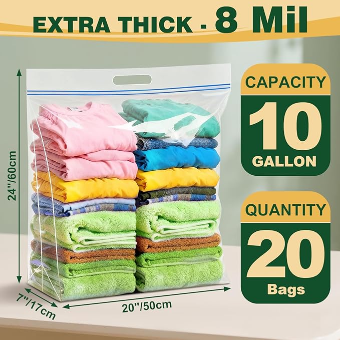 TUXIYA 20 PACK Extra Large Storage Bags, 10 Gallon 24"x20"x7", Resealable Clear Bags with Handle, XL Heavy Duty for Clothes Travel Moving, Double Zipper Seal, Expandable Bottom, Thick 8 Mils