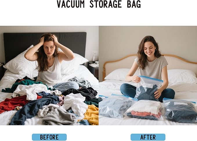 Vacuum Compression Storage Bags Set with Manual Pump Labels and Pen Travel Vacuum Bags for Luggage Space Saver Vacuum Storage Bags 16 Pack Includes Small Medium Large Jumbo Sizes