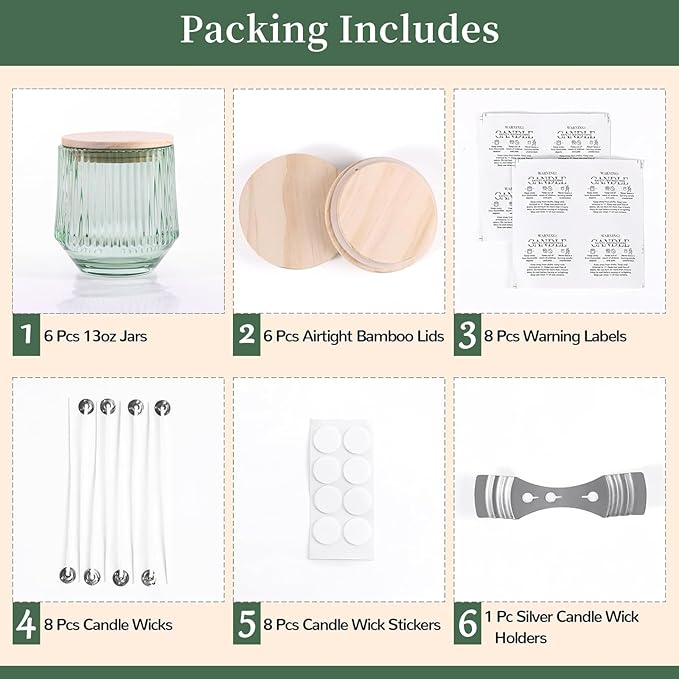 simeitol 13 OZ Light Green Large Candle Jars for Making Candles - 6 Pack Glass Candle Jars Bulk with Vertical Striped, Candle Vessels Supplies with Bamboo Lids and Candle Wick Kit, for DIY & Home