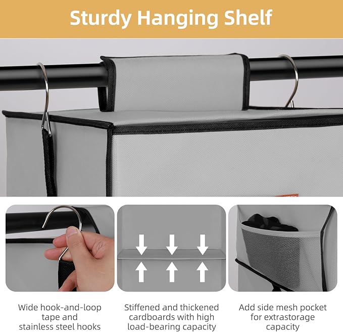 Hanging Closet Organizer 6-Shelf, Upgrade Hanging Shelves for Closet with 5 Removable Drawers & Side Pockets, Hanging Shelf Organizer for Bedroom or Garment Rack, 12.6'' x 12.6'' x 44.1'', Gray