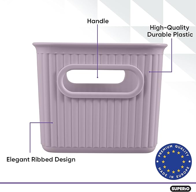Superio Decorative Plastic Basket Open Home Storage Bins Organizer Baskets, Small, Lilac (8 Pack) Container Boxes for Organizing Closet Storage Bins for Shelves Drawer Shelf, 1.5 Liter