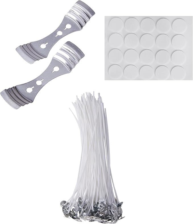 Candle Making Kit with 100 Cotton Wicks 8 inch, 100 Wick Stickers, 2Metal Holders