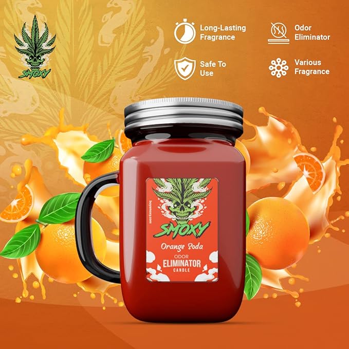 Smoxy Smoke Odor Eliminator Candle - Scented Candle for Home - Indoor Space Deodorizer & Air Freshener with Fragrance Pet Smell - Natural Palm Wax - Glass Mason Jar, 13oz. (Orange Soda)