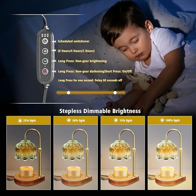Electric Lamp Candle Warmer with Timer - Dimmable Candle Warmer Lamp, Gifts for Birthdays Valentine's Day, Flower Wax Warmer Candle Lamp for Home Decor, Farmhouse, Clear