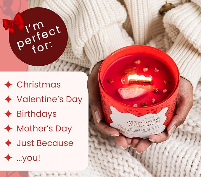 Red Crystal Candle for Women – 12oz Large Luxury Soy Wax with Crackling Wood Wick, Slow Burn Meditation with Healing Crystals, Birthday or Mother’s Day Gift