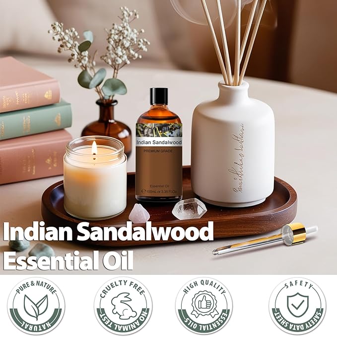 PHATOIL Indian Sandalwood Essential Oil, Pure Premium Natural Oil for Hair Care, Body Skin Care, Aromatherapy, DIY Candle, Soap Making 3.38Fl Oz