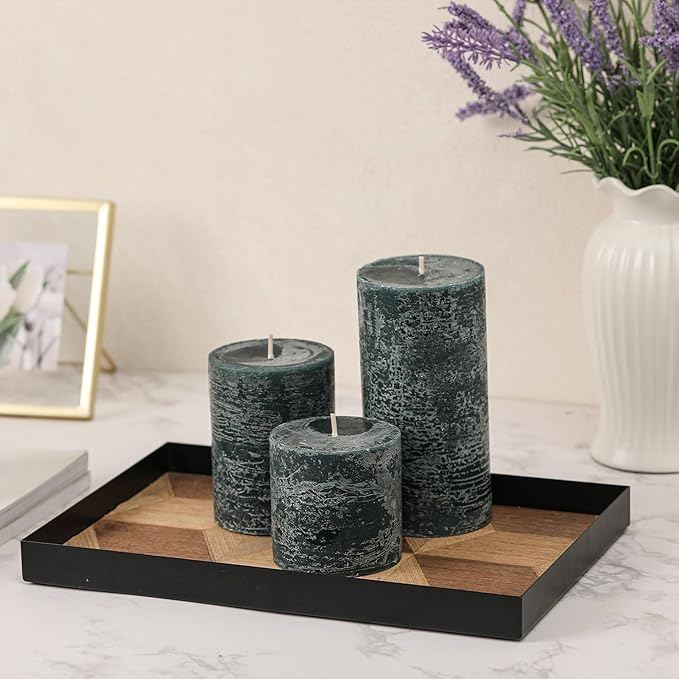 3x4 Inch Dark Green Pillar Candles Set of 3 - Hand-Poured Unscented Candles, Long Clean Burning, Dusty Sage Candle, Smokeless Dripless Candle for Dinner Table, Wedding, Home, Rustic Decor